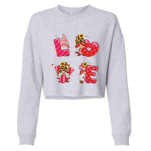 Happy Valentines Day Gnomes With Leopard Sunflower Valentine Cute Day Love Cropped Pullover Crew