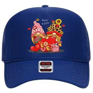 Happy Valentines Day Gnomes With Leopard Sunflower Valentine Cute Day High Crown Mesh Back Trucker Hat