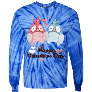 Happy Valentine's Day With Cute Penguins Couple And Hearts Cute Gift Tie-Dye Long Sleeve Shirt