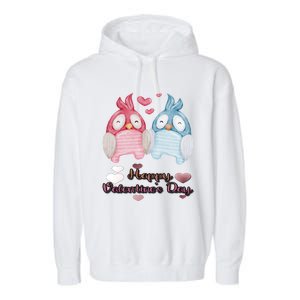 Happy Valentine's Day With Cute Penguins Couple And Hearts Cute Gift Garment-Dyed Fleece Hoodie