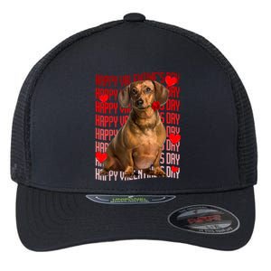 Happy Valentines Day Dachshund Dog & Red Hearts Gift For Boy Girl Flexfit Unipanel Trucker Cap