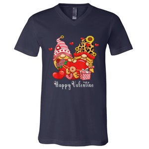 Happy Valentines Day Gnomes With Leopard Sunflower Valentine Love V-Neck T-Shirt