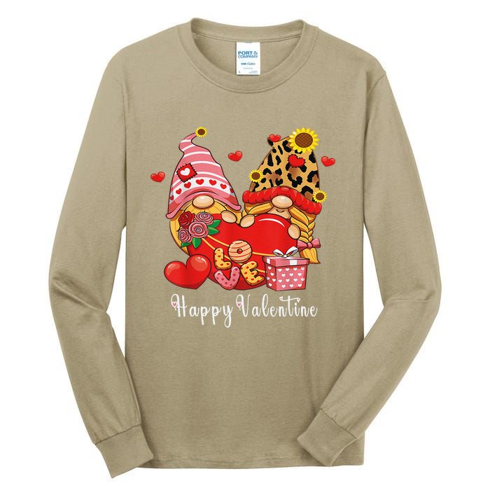 Happy Valentines Day Gnomes With Leopard Sunflower Valentine Love Tall Long Sleeve T-Shirt