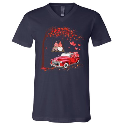 Happy Valentines Day Red Truck Hearts Funny Gnomes Lovers V-Neck T-Shirt