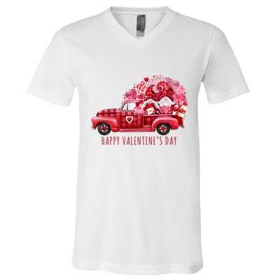 Happy Valentines Day Gnome Vintage Truck V-Neck T-Shirt