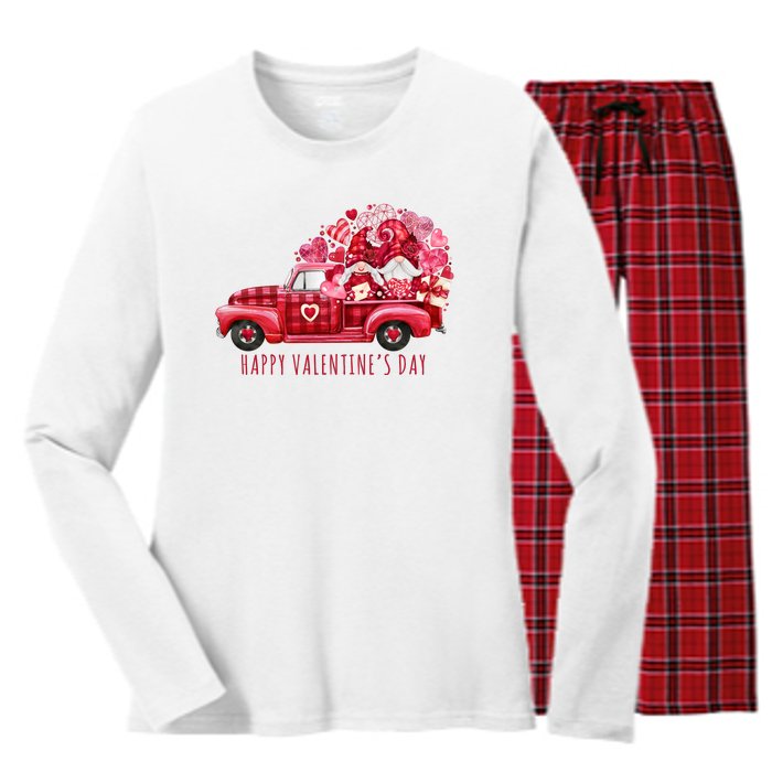 Happy Valentines Day Gnome Vintage Truck Women's Long Sleeve Flannel Pajama Set 