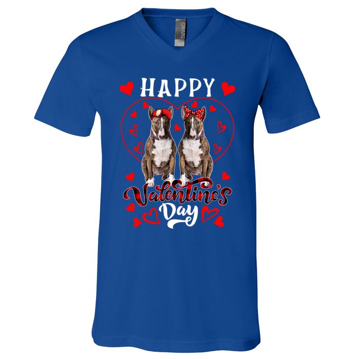 Happy Valentine's Day Cute Hearts Shape Couple Bull Terriers Gift V-Neck T-Shirt