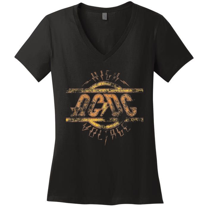 High Voltage Distressed Rock Music Band Women's V-Neck T-Shirt