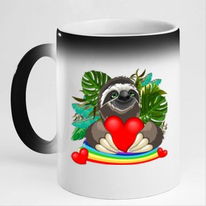 Happy Valentines Day Cute Sloth With Rainbow And Heart 11oz Black Color Changing Mug