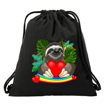 Happy Valentines Day Cute Sloth With Rainbow And Heart Drawstring Bag