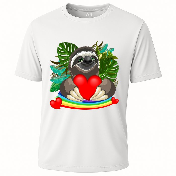 Happy Valentines Day Cute Sloth With Rainbow And Heart Cooling Performance Crew T-Shirt