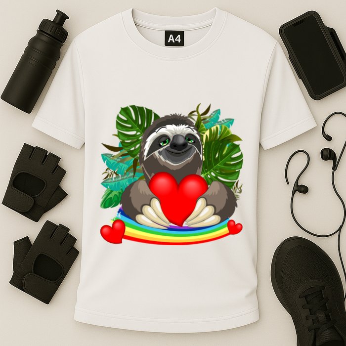 Happy Valentines Day Cute Sloth With Rainbow And Heart Cooling Performance Crew T-Shirt