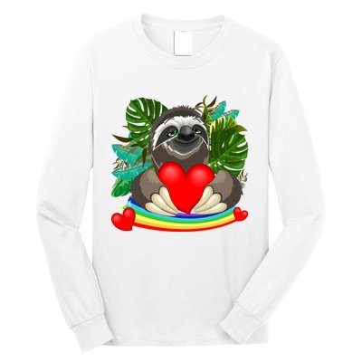 Happy Valentines Day Cute Sloth With Rainbow And Heart Long Sleeve Shirt