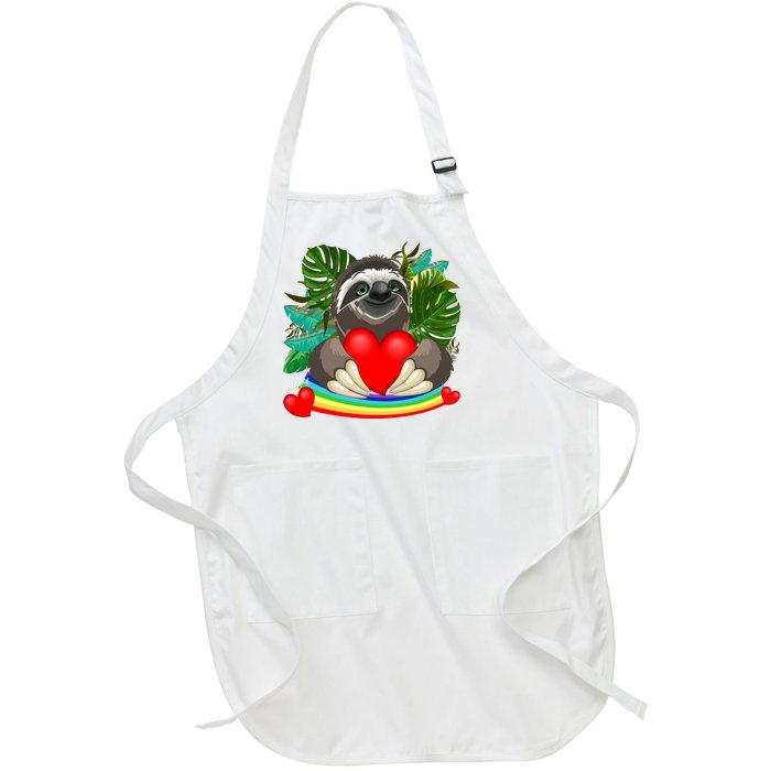 Happy Valentines Day Cute Sloth With Rainbow And Heart Full-Length Apron With Pockets