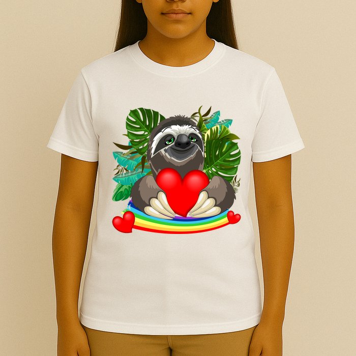 Happy Valentines Day Cute Sloth With Rainbow And Heart T-Shirt