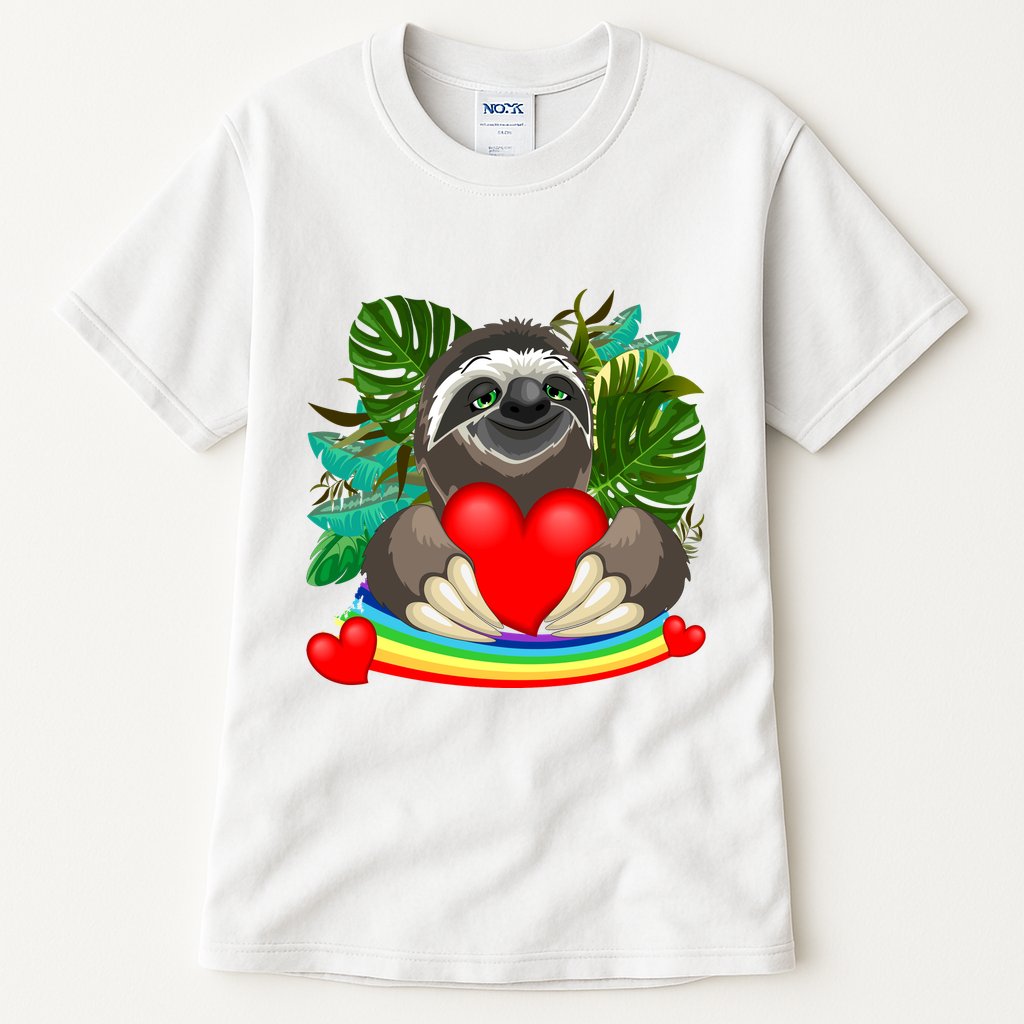 Happy Valentines Day Cute Sloth With Rainbow And Heart Tall T-Shirt