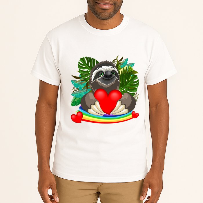 Happy Valentines Day Cute Sloth With Rainbow And Heart Tall T-Shirt