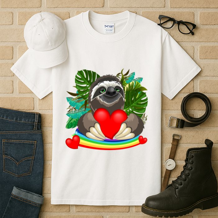 Happy Valentines Day Cute Sloth With Rainbow And Heart Tall T-Shirt