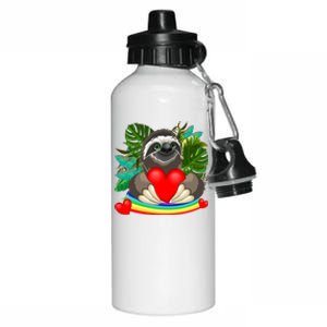 Happy Valentines Day Cute Sloth With Rainbow And Heart Aluminum Water Bottle