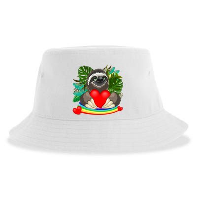 Happy Valentines Day Cute Sloth With Rainbow And Heart Sustainable Bucket Hat