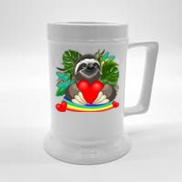 Happy Valentines Day Cute Sloth With Rainbow And Heart Beer Stein