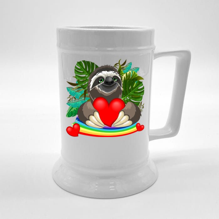 Happy Valentines Day Cute Sloth With Rainbow And Heart Beer Stein