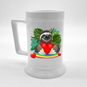 Happy Valentines Day Cute Sloth With Rainbow And Heart Beer Stein