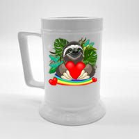 Happy Valentines Day Cute Sloth With Rainbow And Heart Beer Stein