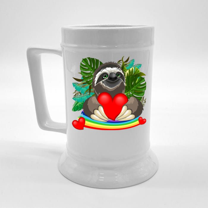 Happy Valentines Day Cute Sloth With Rainbow And Heart Beer Stein