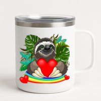 Happy Valentines Day Cute Sloth With Rainbow And Heart 12 oz Stainless Steel Tumbler Cup