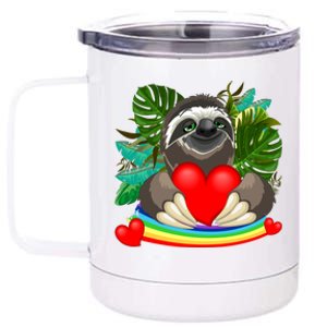 Happy Valentines Day Cute Sloth With Rainbow And Heart 12 oz Stainless Steel Tumbler Cup