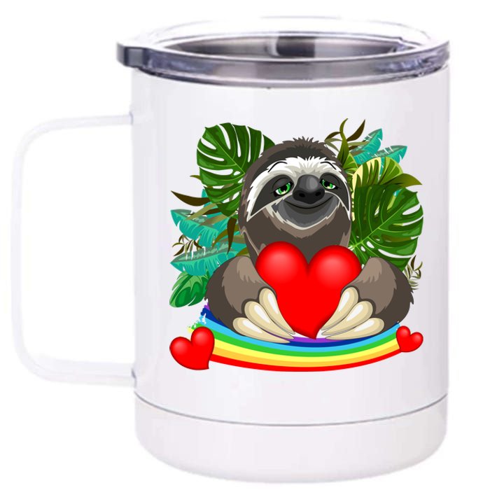 Happy Valentines Day Cute Sloth With Rainbow And Heart 12 oz Stainless Steel Tumbler Cup