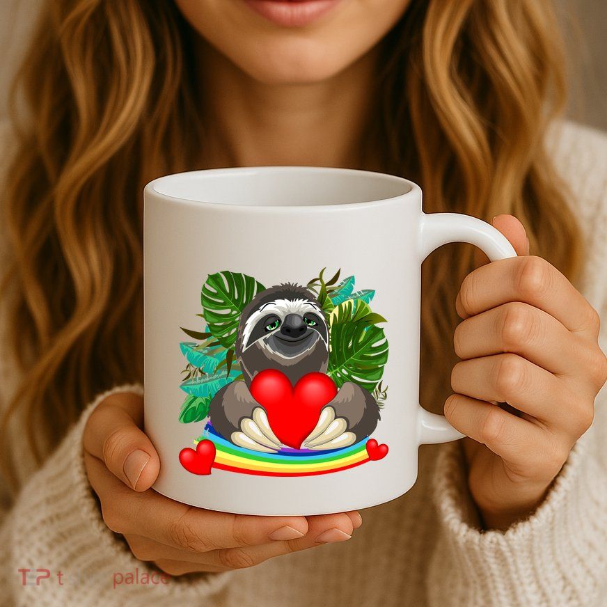 Happy Valentines Day Cute Sloth With Rainbow And Heart Mug