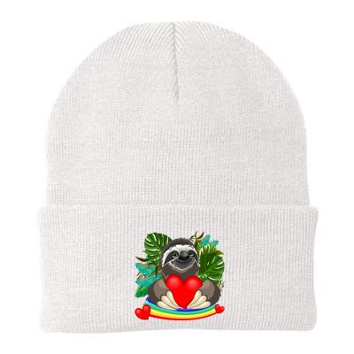 Happy Valentines Day Cute Sloth With Rainbow And Heart Beanie