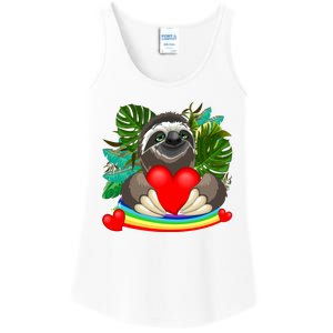 Happy Valentines Day Cute Sloth With Rainbow And Heart Ladies Essential Tank