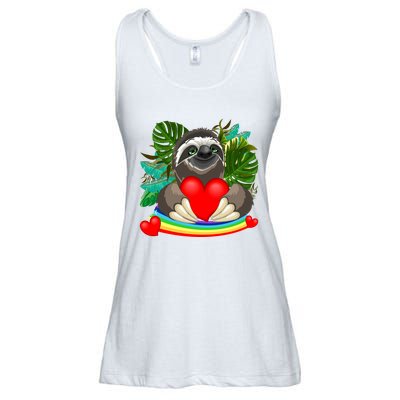 Happy Valentines Day Cute Sloth With Rainbow And Heart Ladies Essential Flowy Tank