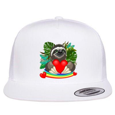 Happy Valentines Day Cute Sloth With Rainbow And Heart Flatbill Hat