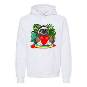 Happy Valentines Day Cute Sloth With Rainbow And Heart Premium Hoodie