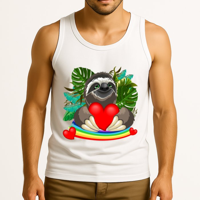 Happy Valentines Day Cute Sloth With Rainbow And Heart Tank Top