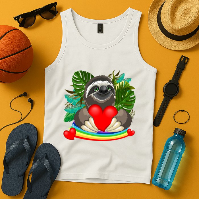 Happy Valentines Day Cute Sloth With Rainbow And Heart Tank Top