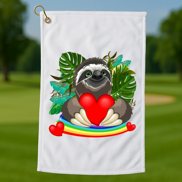 Happy Valentines Day Cute Sloth With Rainbow And Heart Golf Towel