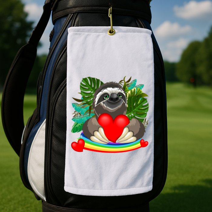 Happy Valentines Day Cute Sloth With Rainbow And Heart Golf Towel