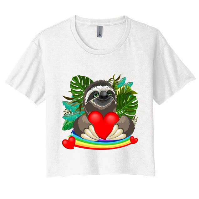 Happy Valentines Day Cute Sloth With Rainbow And Heart Crop Top