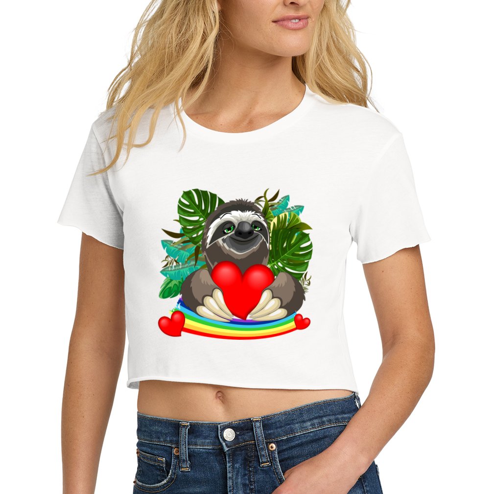 Happy Valentines Day Cute Sloth With Rainbow And Heart Crop Top