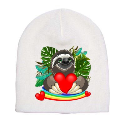 Happy Valentines Day Cute Sloth With Rainbow And Heart Short Acrylic Beanie