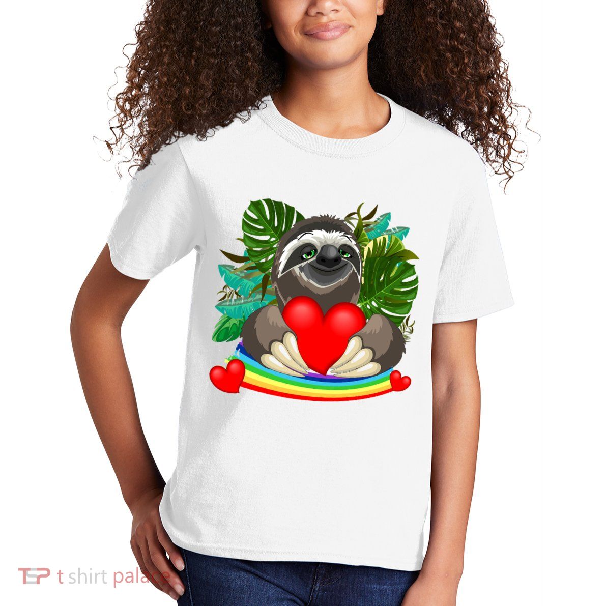Happy Valentines Day Cute Sloth With Rainbow And Heart Kids T-Shirt