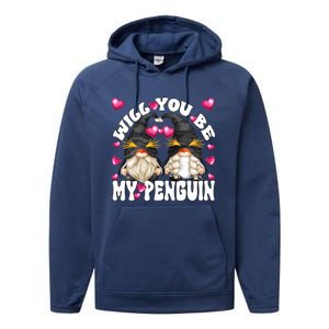 Happy Valentines Day Gnome Graphic Will You Be My Penguin Gift Performance Fleece Hoodie