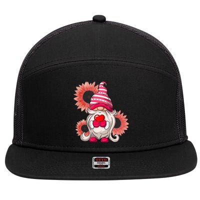 Happy Valentine's Day Gnome Sunflower 7 Panel Mesh Trucker Snapback Hat