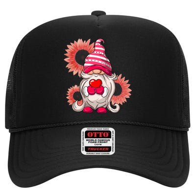 Happy Valentine's Day Gnome Sunflower High Crown Mesh Back Trucker Hat