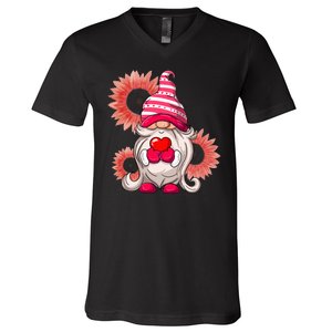 Happy Valentine's Day Gnome Sunflower V-Neck T-Shirt